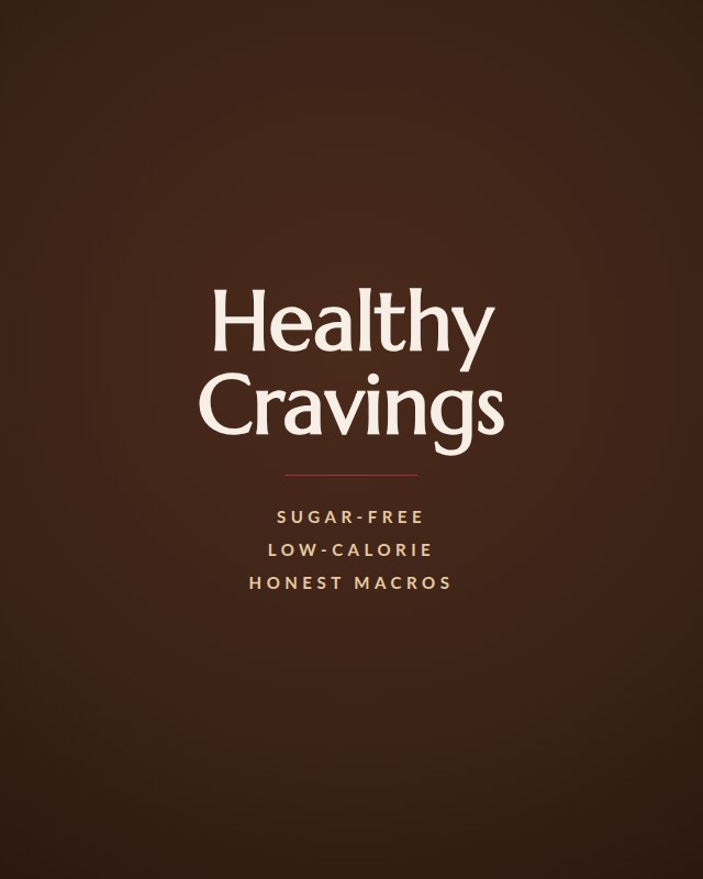 The Healthy Cravings wordmark in cream type on a dark chocolate brown background, above the words sugar-free, low-calorie, honest macros