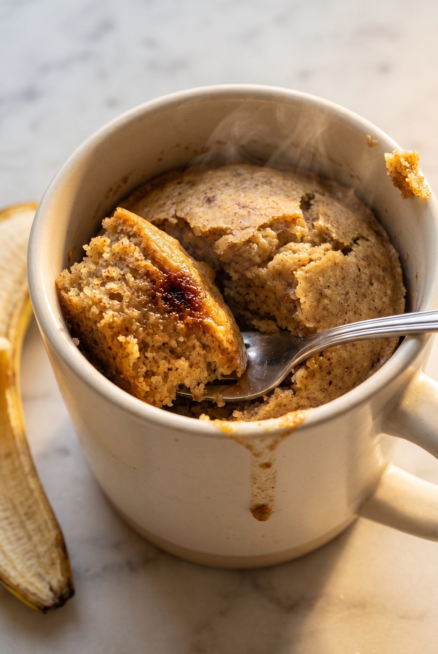 A single banana mug muffin split open and steaming, with a bite lifted on a fork and a banana peel beside the mug