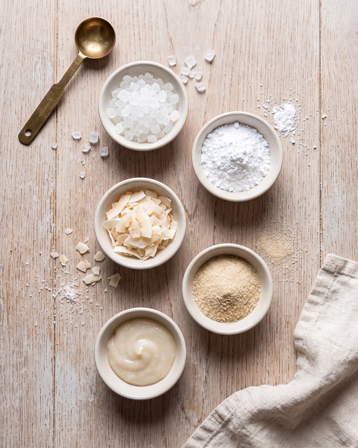 Five small white bowls on a pale wood counter holding coarse crystal sweetener, powdered sweetener, coconut flakes, almond flour and a thick pale syrup, with a brass measuring spoon alongside