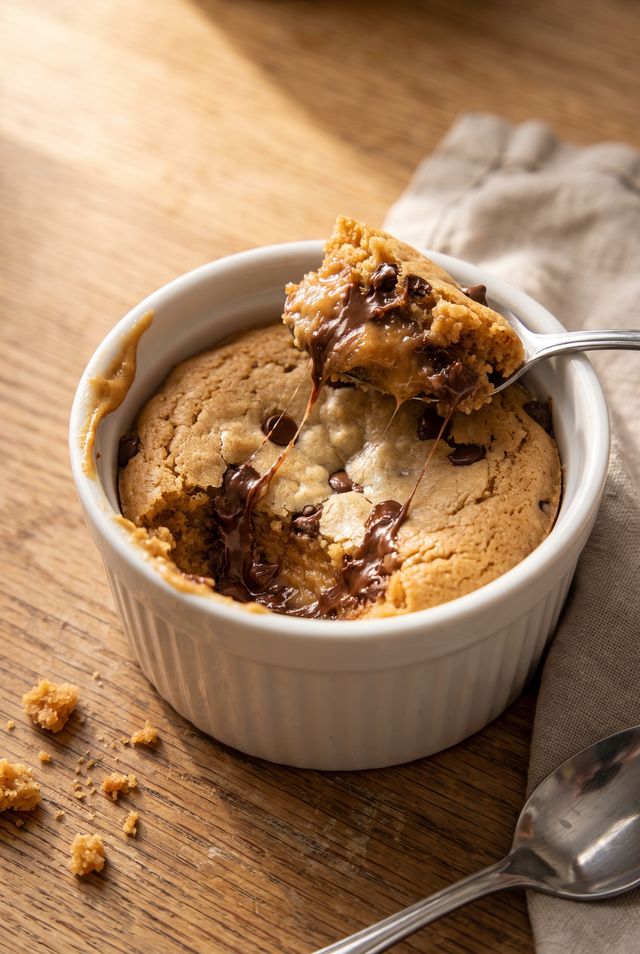 A single microwave blondie in a small white ramekin, one spoonful lifted out with melted chocolate chips stretching from the torn, gooey center