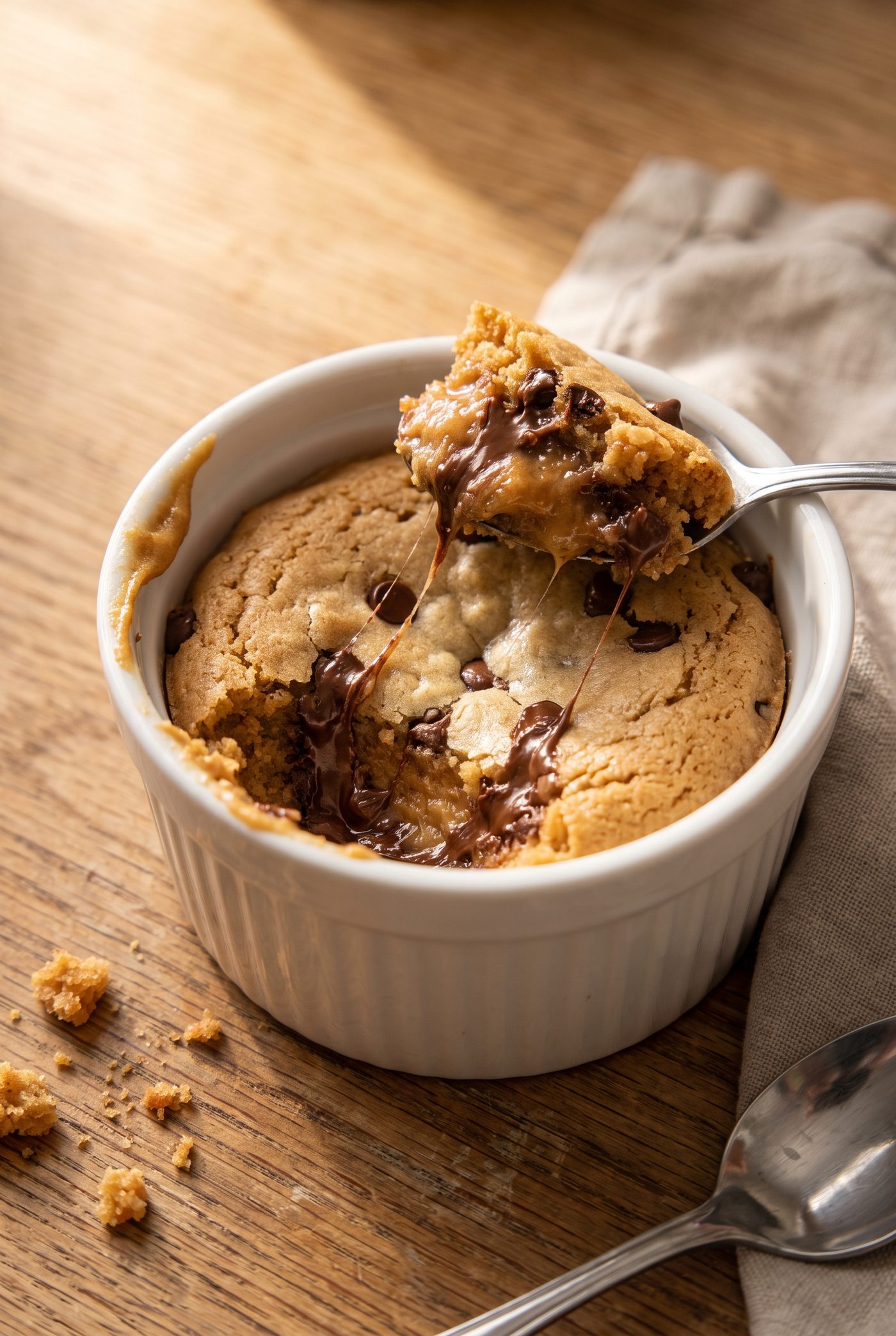 A single microwave blondie in a small white ramekin, one spoonful lifted out with melted chocolate chips stretching from the torn, gooey center