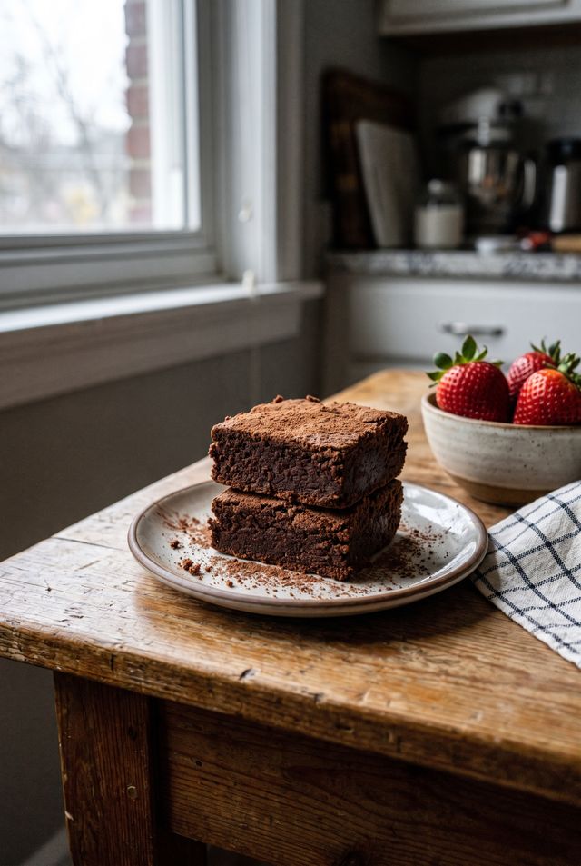 Two thick cocoa-dusted brownies stacked on a plate on a wooden kitchen table, with a bowl of strawberries and a window in the background