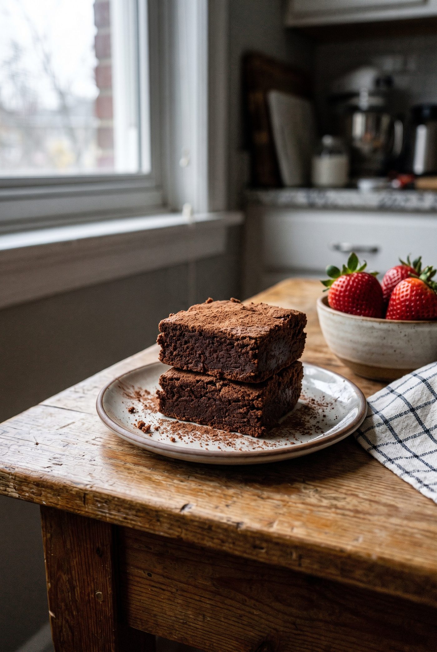 Two thick cocoa-dusted brownies stacked on a plate on a wooden kitchen table, with a bowl of strawberries and a window in the background