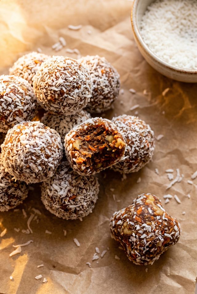 No-bake carrot cake bites rolled in shredded coconut, one bitten in half showing grated carrot and chopped walnuts inside
