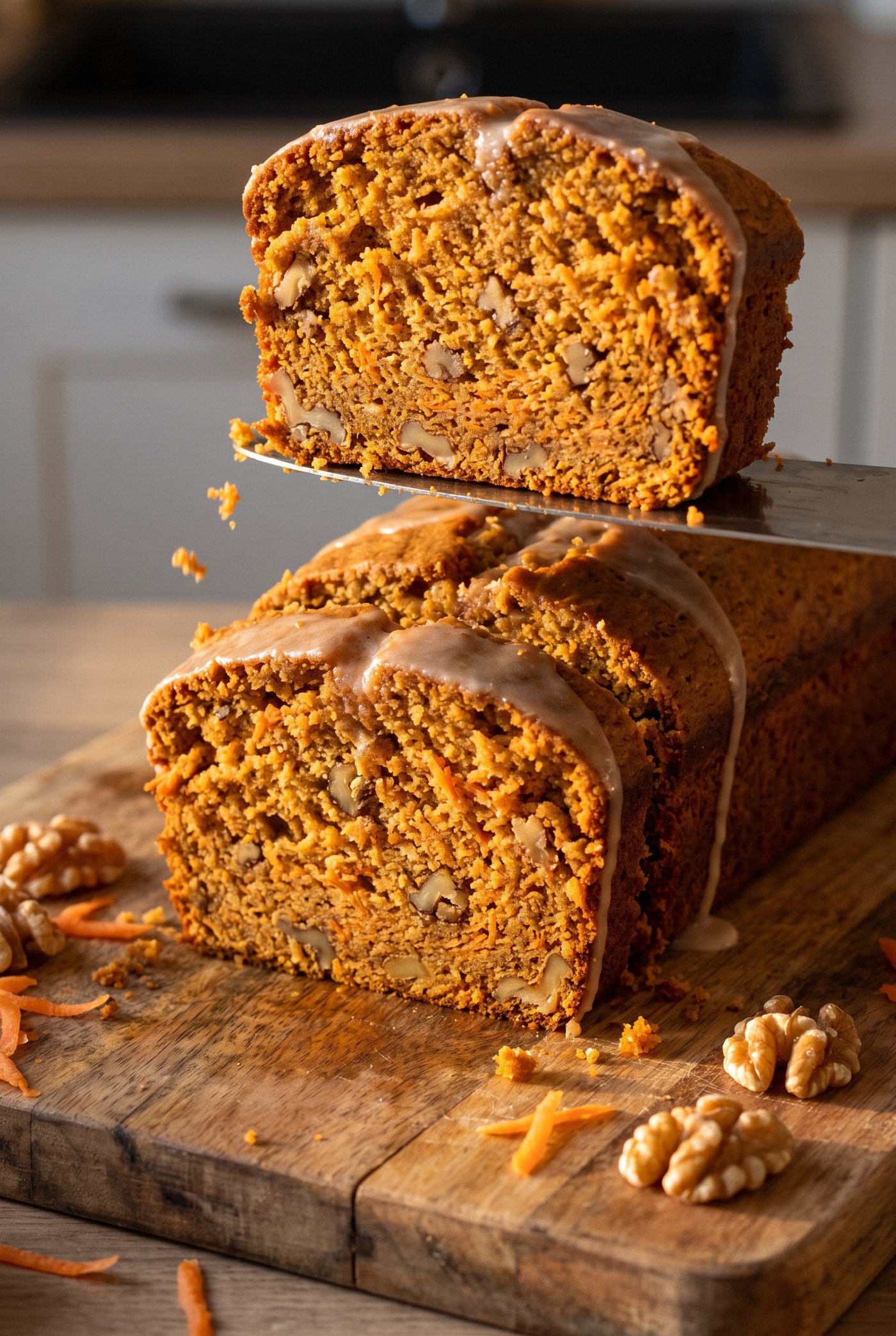 Sliced carrot cake loaf with walnuts and shredded carrot visible in the crumb