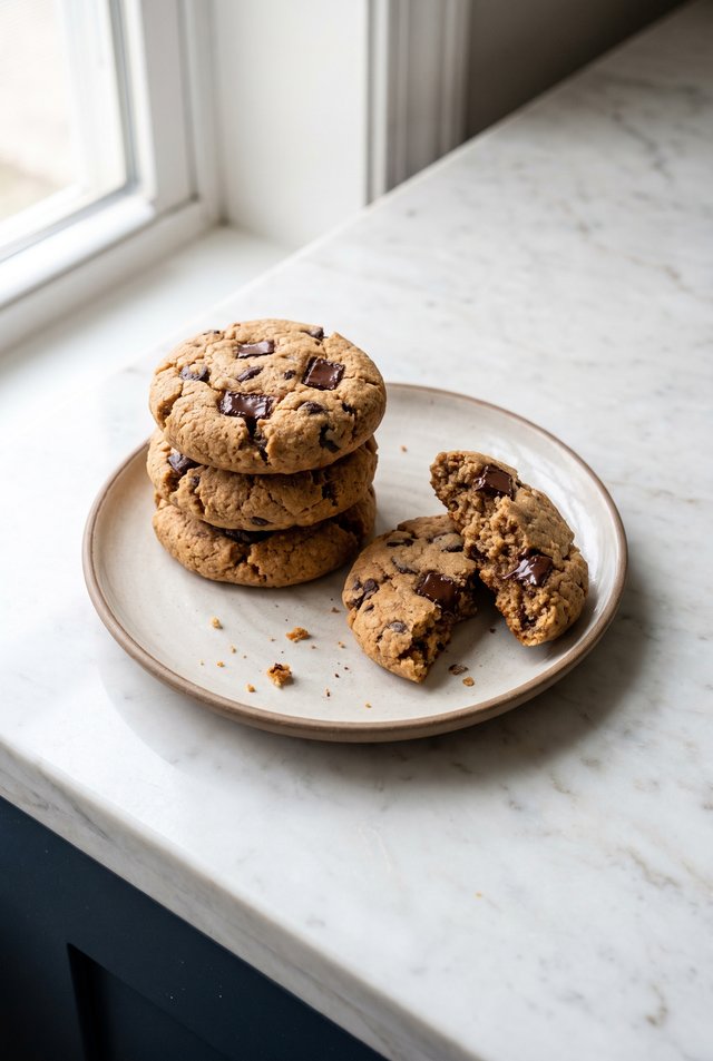 A stack of three chocolate chip protein cookies on a pale ceramic plate on a marble counter, with a fourth cookie broken in half beside them showing a soft centre