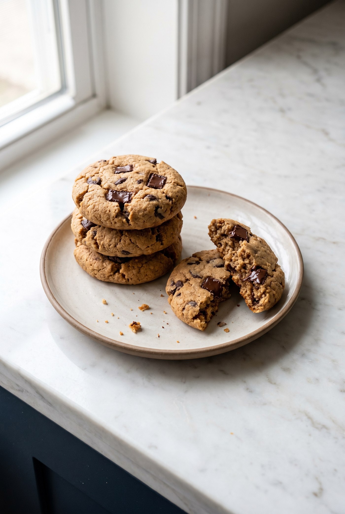 A stack of three chocolate chip protein cookies on a pale ceramic plate on a marble counter, with a fourth cookie broken in half beside them showing a soft centre