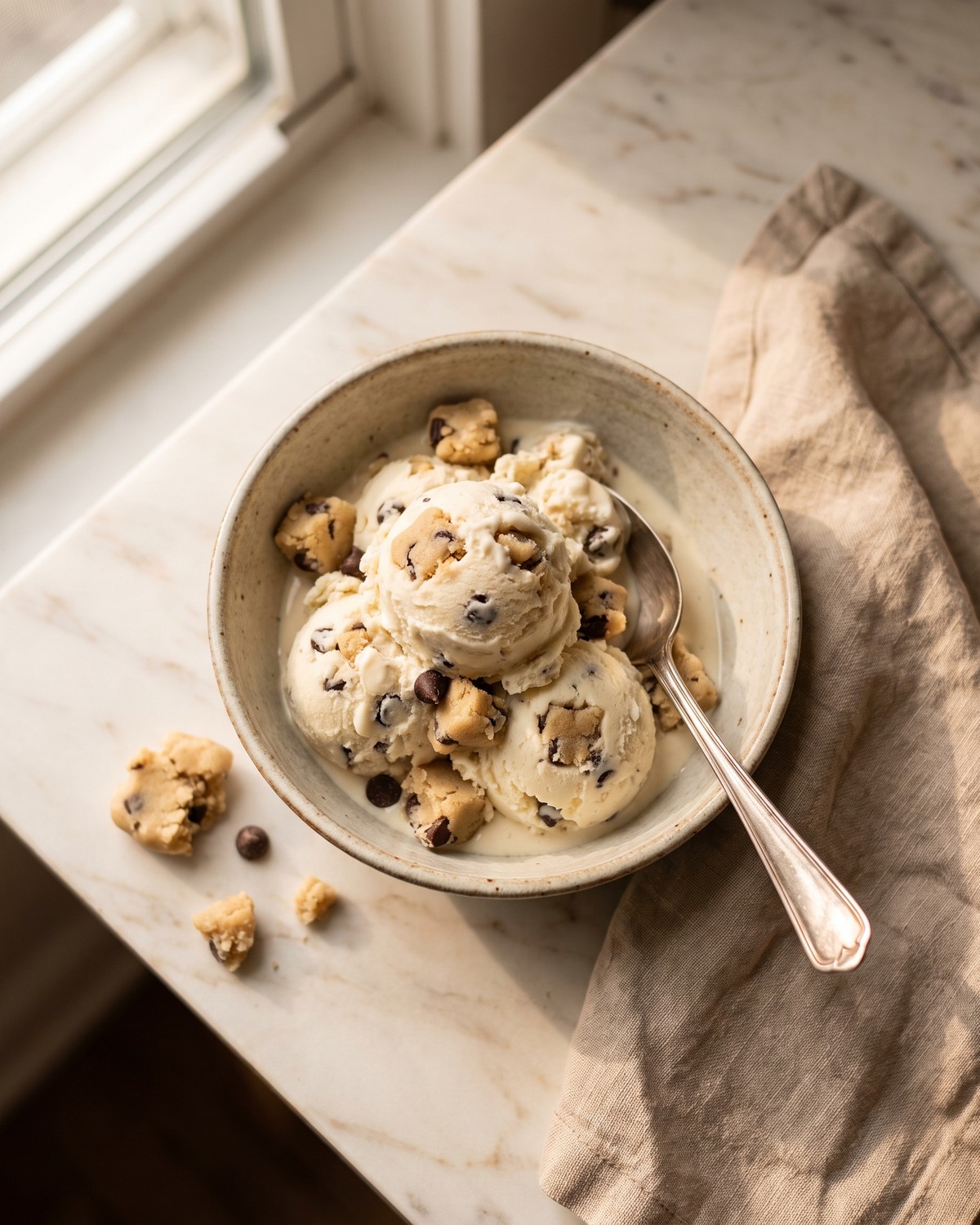 A bowl of protein soft serve swirled with cookie dough bits