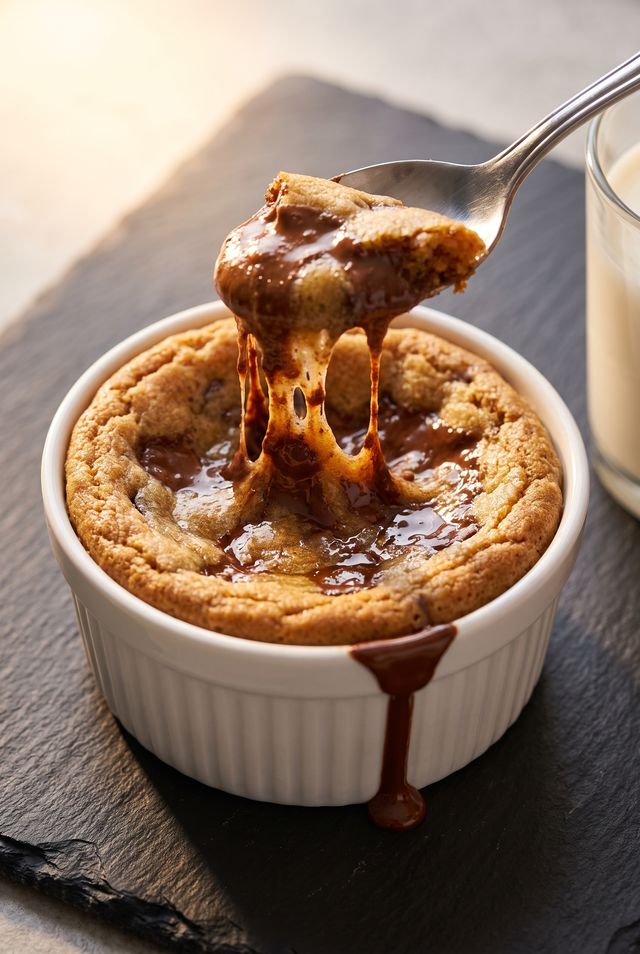 A deep-dish chocolate chip cookie baked in a white ramekin with melted chocolate pooling in the middle and a spoon resting in it
