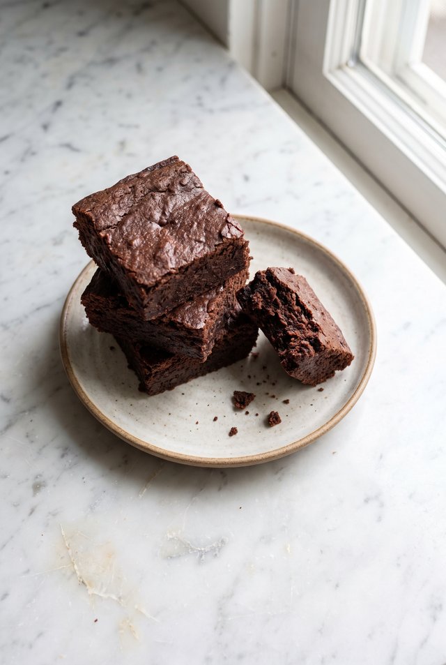 Three fudgy brownie squares stacked on a speckled ceramic plate on a marble counter beside a window, with crumbs scattered around them
