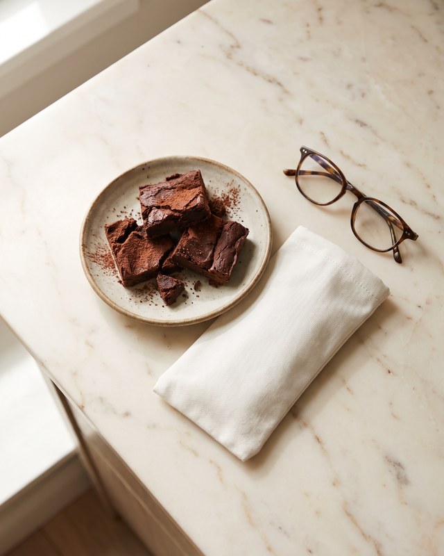 A plate of cocoa-dusted brownie squares on a white marble counter beside a pair of tortoiseshell reading glasses and a folded cream napkin