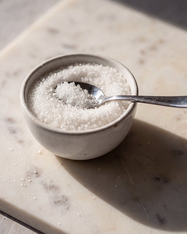 A small ceramic bowl of coarse white granulated sweetener with a spoon resting in it, on a marble board in daylight