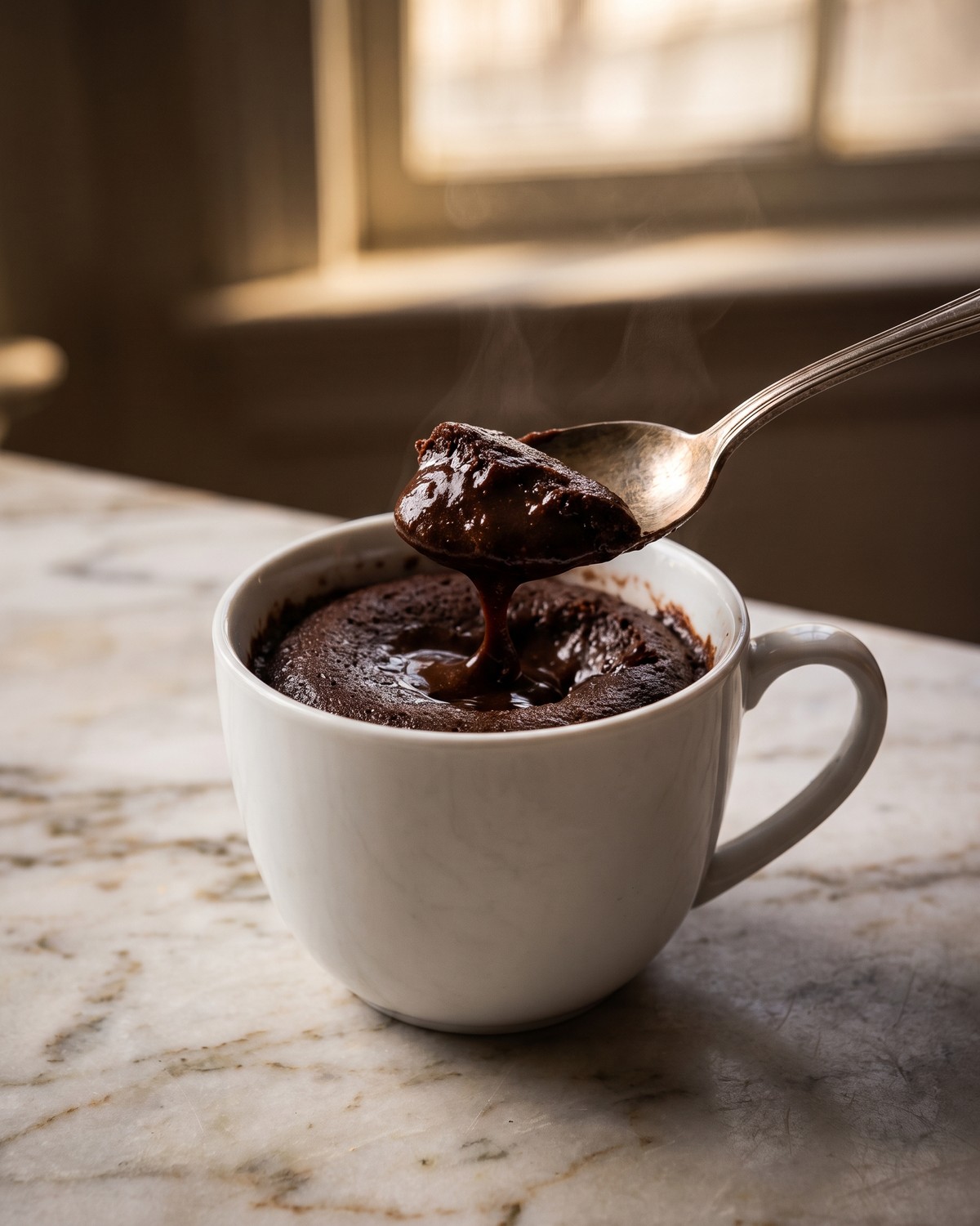 A spoonful of molten chocolate mug cake lifted out of a white mug, steaming, on a marble counter in front of a dark window