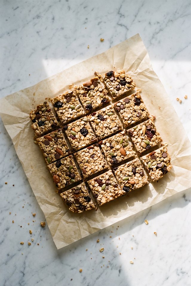 No-bake granola bars cut and stacked in a glass container for the week