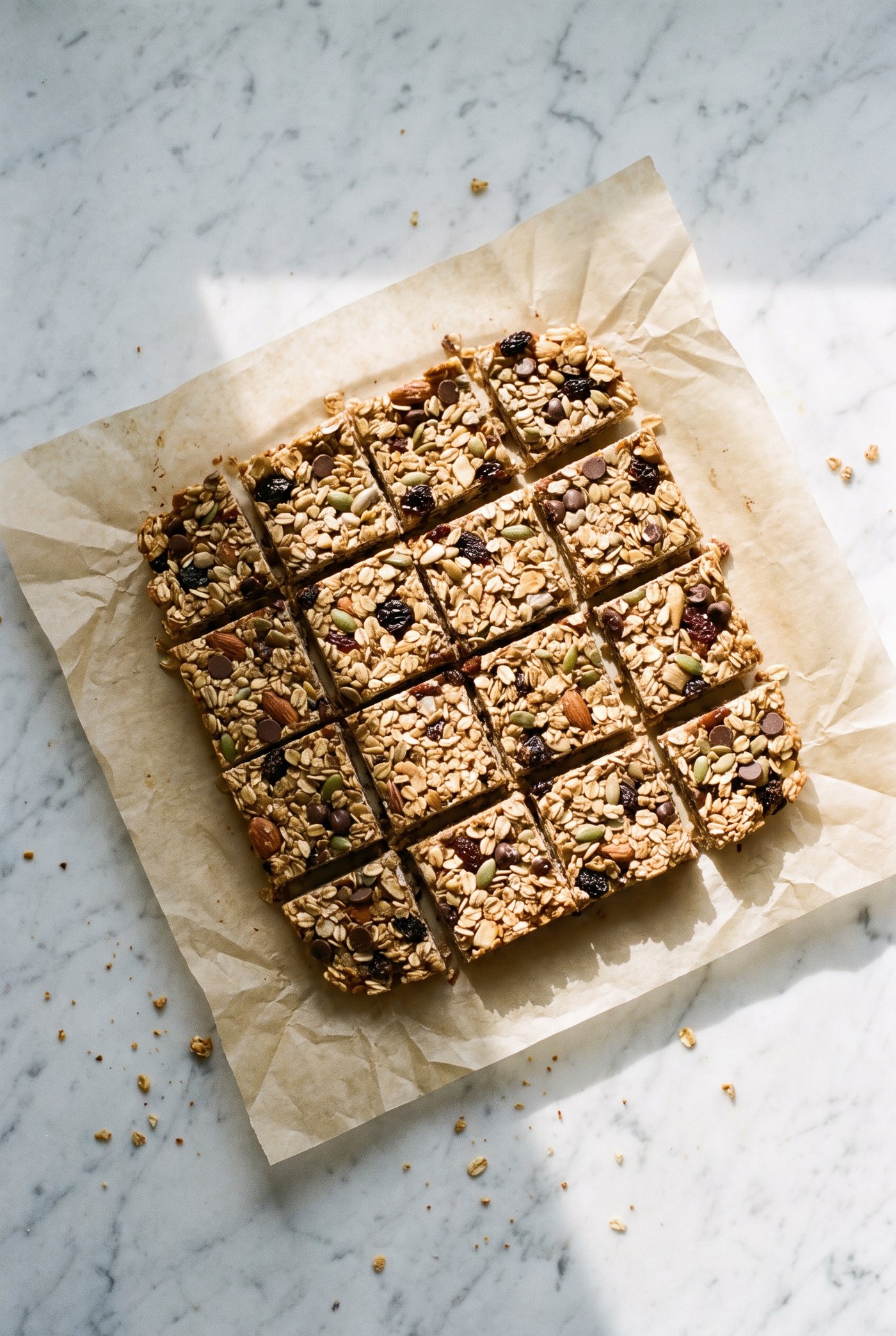 No-bake granola bars cut and stacked in a glass container for the week