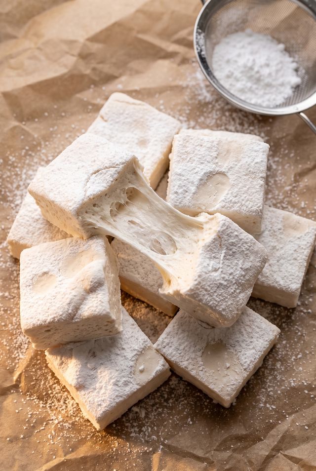 Sugar-free vanilla marshmallows dusted with arrowroot and powdered allulose, one torn in half showing the soft, pillowy interior