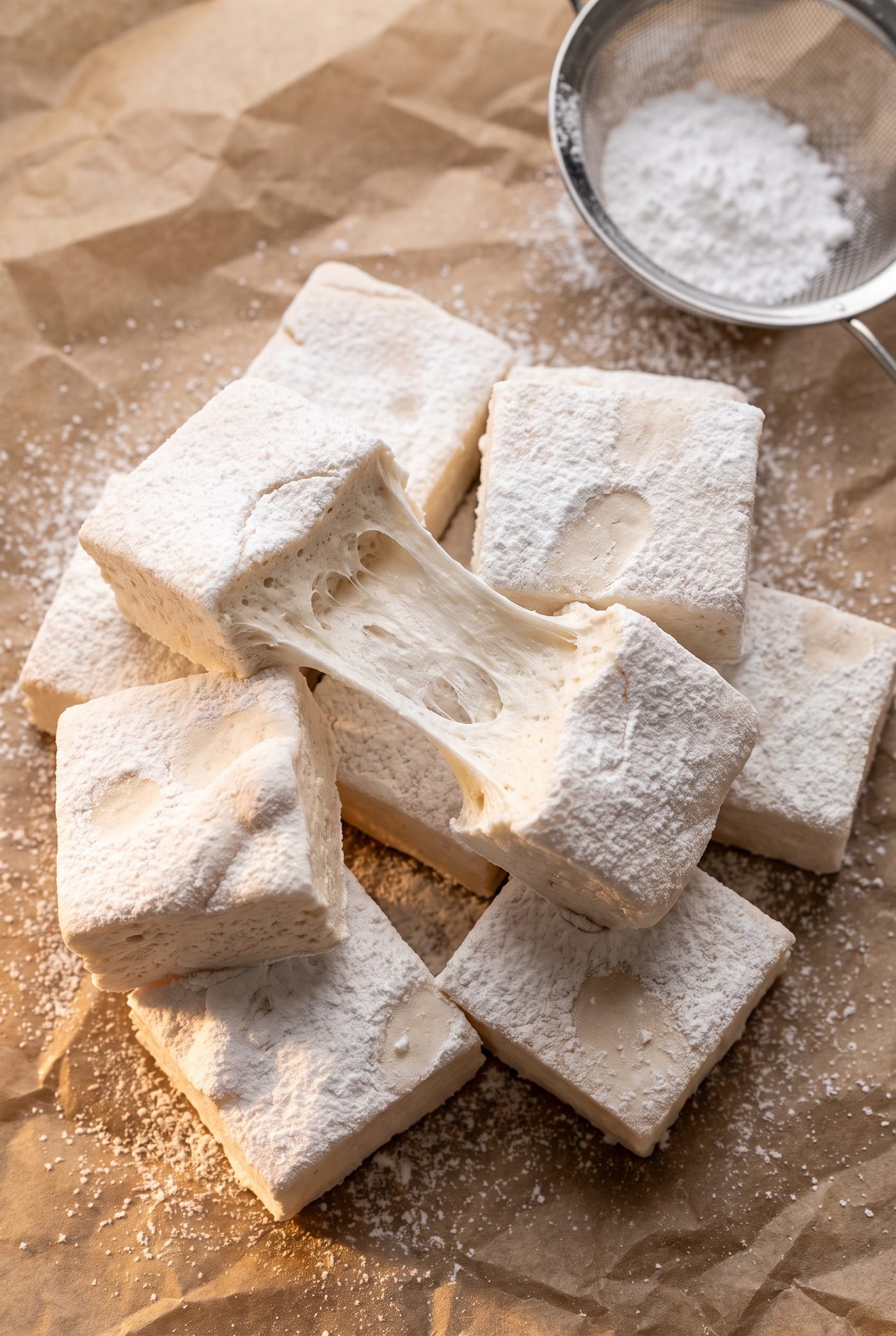Sugar-free vanilla marshmallows dusted with arrowroot and powdered allulose, one torn in half showing the soft, pillowy interior