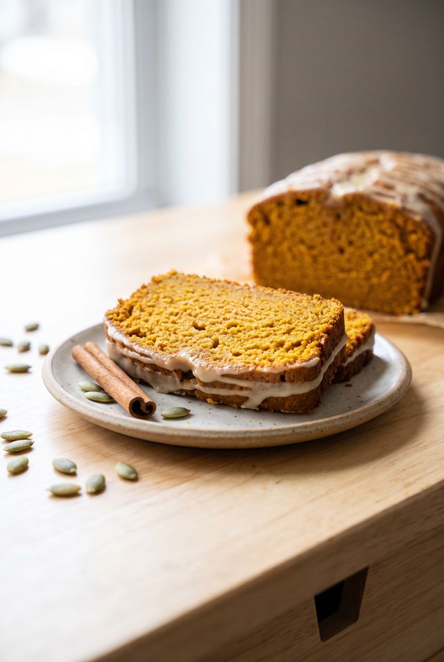 A sliced sugar-free pumpkin cake with a thin glaze, pumpkin muffins and oat bars beside it