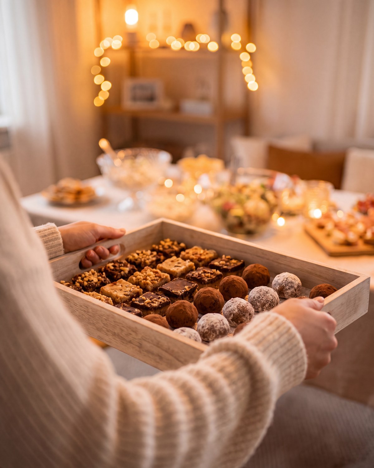 Two hands carrying a wooden tray of nut-topped bars and cocoa-dusted truffles into a warmly lit room with string lights and a table of party food behind